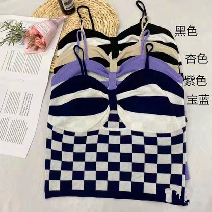 jinran Checkerboard Crop Top Women Sexy Hollowed Knitting Tank Top Bowknot Soft Comfortable Breathable Camisole 2022 New