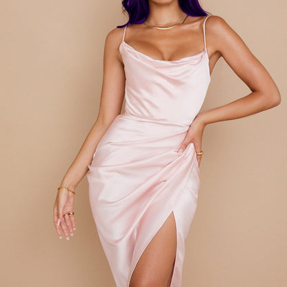 jinran Swing Collar Sexy Split Satin Dress Summer Fashion Sling Temperament Folds High Waist Solid Pullover Elegant Women Dresses