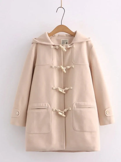 nvxiot  -  Winter Women Wool Blends Coat Straight Long Hooded Coats Jacket  Horn Button  Sleeve Preppy Style Female Warmness Outwears