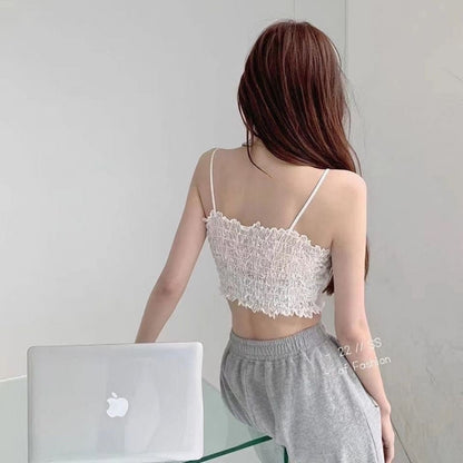 jinran Rose Petal Crop Top Women Temperament Short Backless Tank Top Sexy Lace Padded Camisole Summer 2022 New