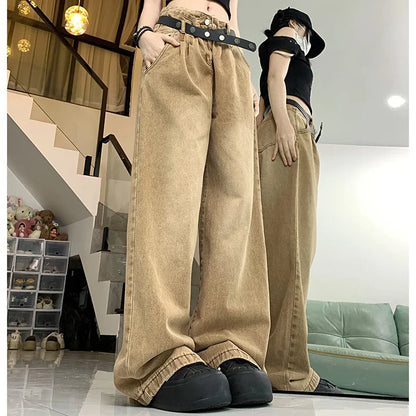 jinran Woman American High Waist 2000s Y2k Jeans Female 90s Vintage Designer Baggy Pants Girls Harajuku Fashion Brown Denim Trousers