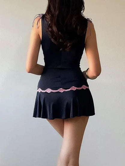jinran Women Lace V-neck Mini Dress Bow Bandage Pleat Slit Sexy Sleeveless Slim Beach Dress Female Summer Partywear New 2024