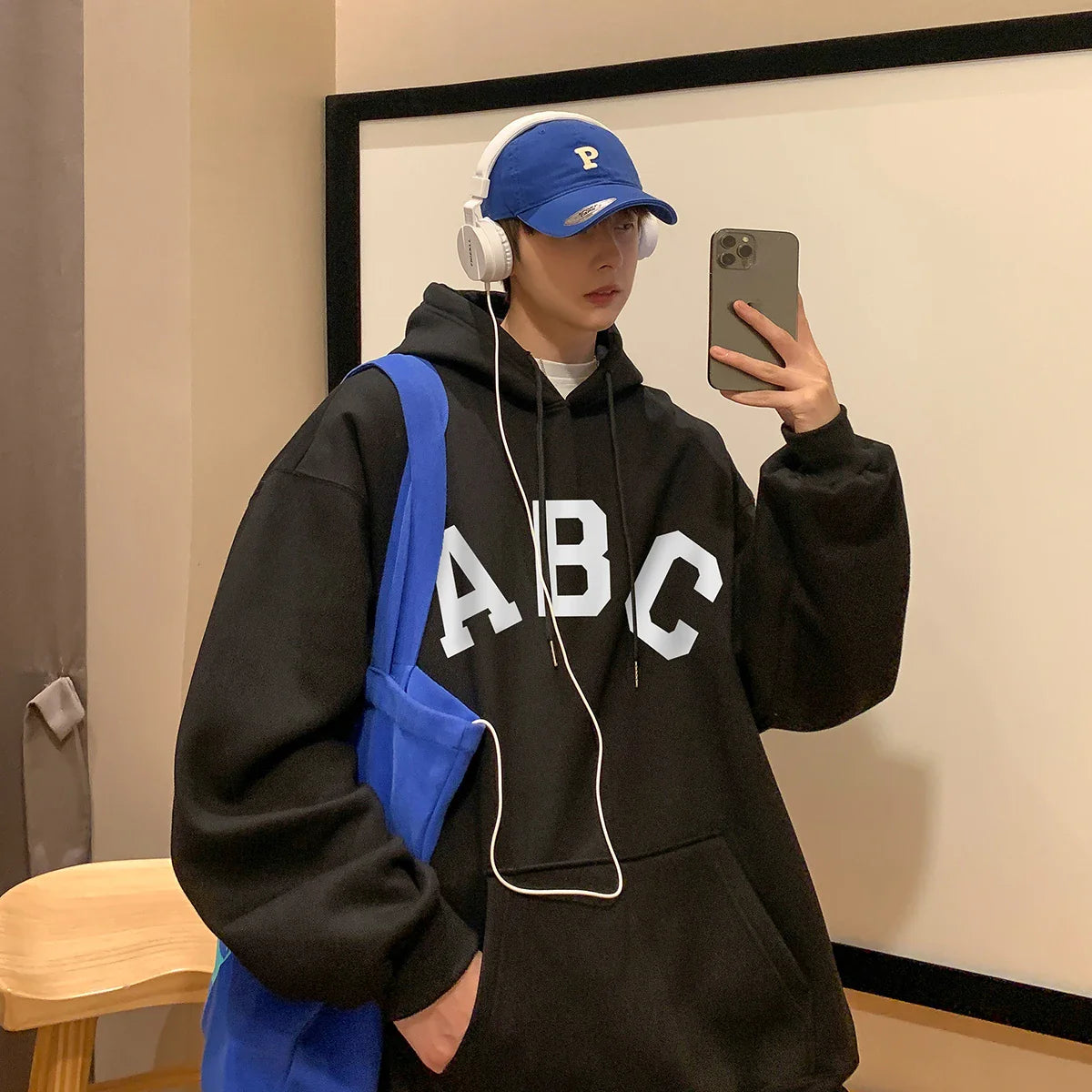 ABC Letter Print Men's Hoodies Korean Fashion Harajuku Oversized Pullover Hip Hop Long Sleeve Hooded Sweatshirts Streetwear