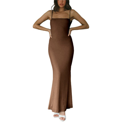 jinran Women Sling Long Dress, Sleeveless Off Shoulder Solid Color Ruffle Party Club Summer Spring Dress