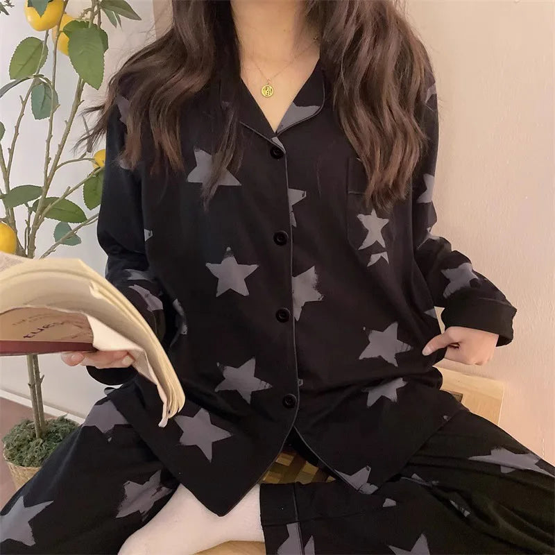 jinran Korean Pajamas Women's Spring and Summer New Long-sleeved Black Star Full Print Loungewear Set Pijamas Women Lingerie Sleepwear