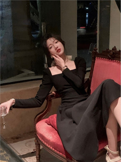 jinran 2023 Spring New Elegant Square Collar Midi Party Dress  For Women Long Sleeve Black White Slim Vestidos Female Clothes