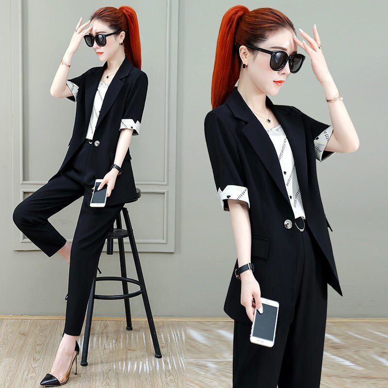 jinran 2022 Summer New French Elegant Women's Pants Suit Slim Jacket Office Blazer Casual Trousers Two-piece Set Female Tracksuit Set