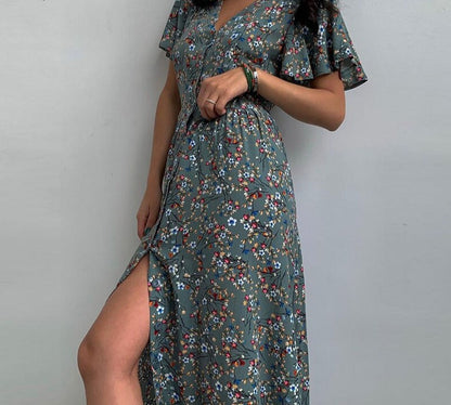 jinran Summer Floral Split Dresses Women Sexy V Neck Beam Waist Single-breasted Long Dress Female Elegant Loose Pink Dress