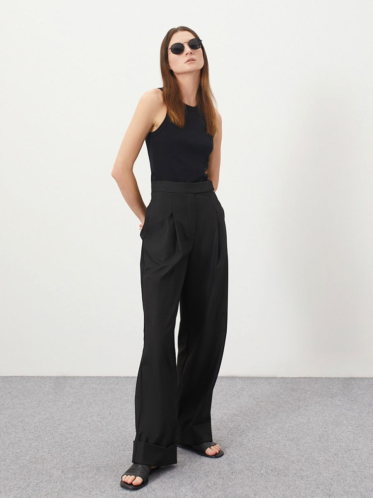 jinran Spring Summer Black Ladies Office Trousers Women High Waist Pants Pockets Female Pleated Wide Leg Pants Solid