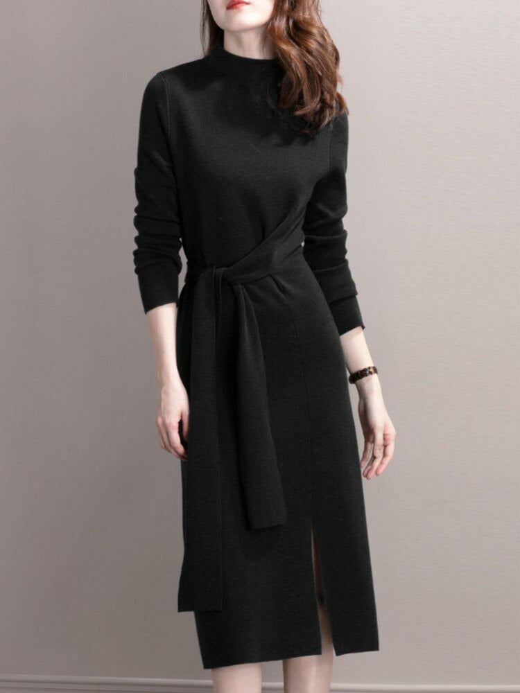 jinran Half-necked Knitted Dress Women's Autumn Winter New Strap Temperament Split Base Sweater Skirt Dress for Women Sweaters Pullover