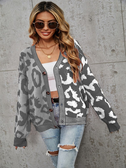 jinran New Leopard Pattern Stitched Sweater Button Knit Cardigan In Autumn Winter Streetwear Long Sleeve Top Coats Women Cardigan