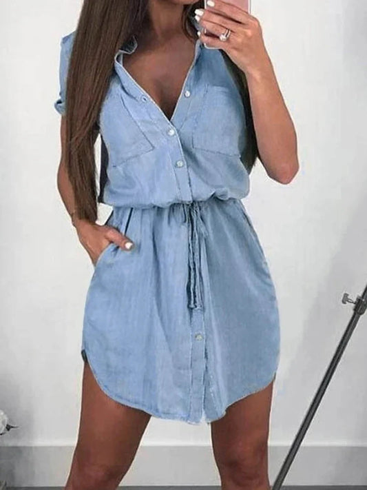 jinran Elegant Women's Casual Short Sleeve Denim Dress Button Down Collar Belted Jean Shirtdress with Pockets Summer 2023 New