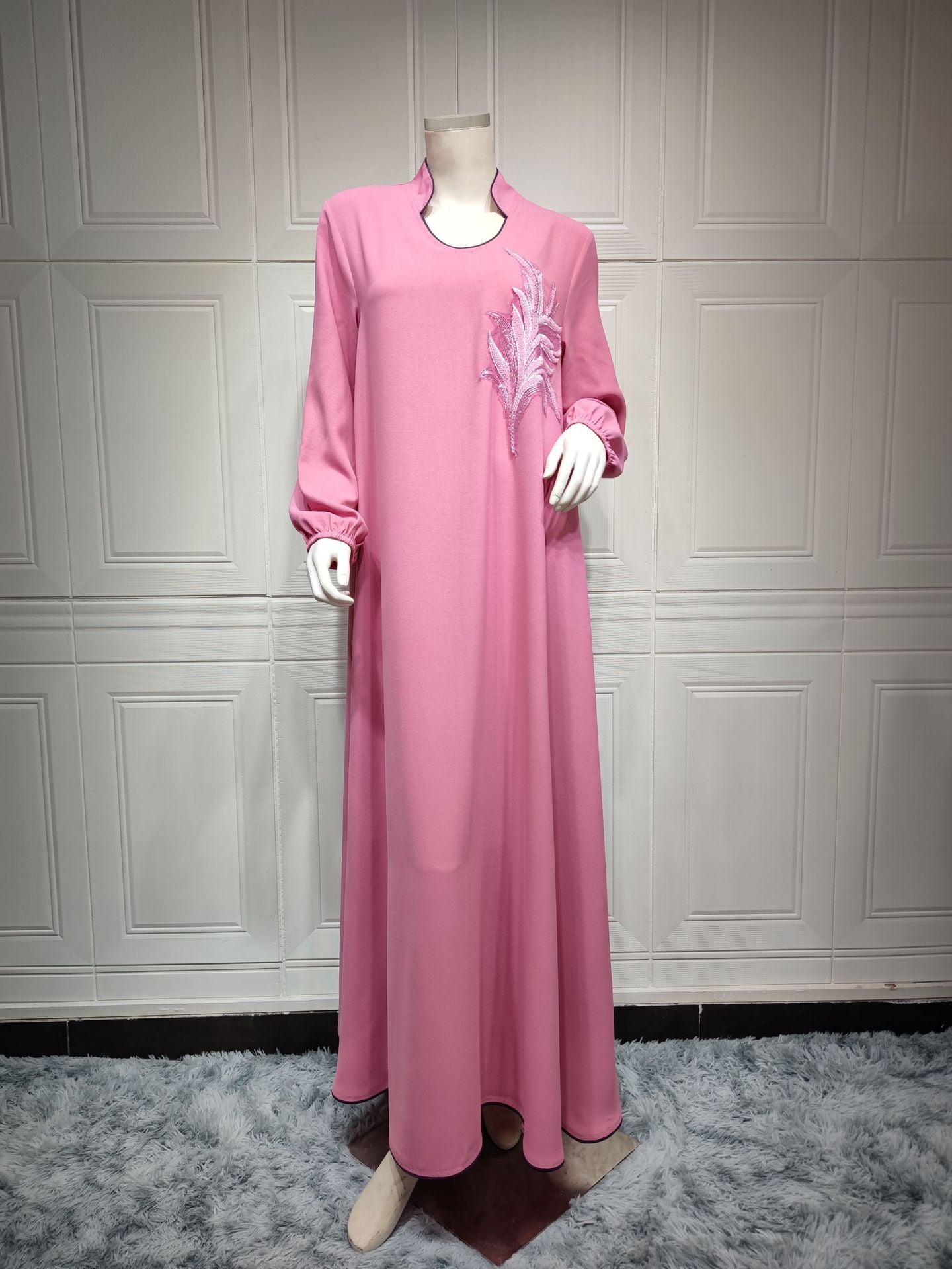 jinran Casual New Style Round Neck Fine Plain Color Polyester Muslim Southeast Asian Women's Chest Applique Dress Ab173