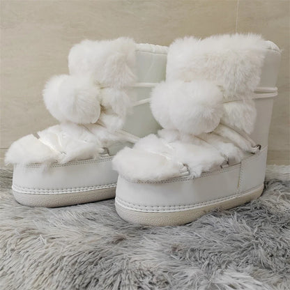 jinran 2024 Winter Snow Boots for Women Rabbit Fur Snow Boots Platform Lace-up Fluffy Furry Fur Ski Boots Female Warm Cotton Boots