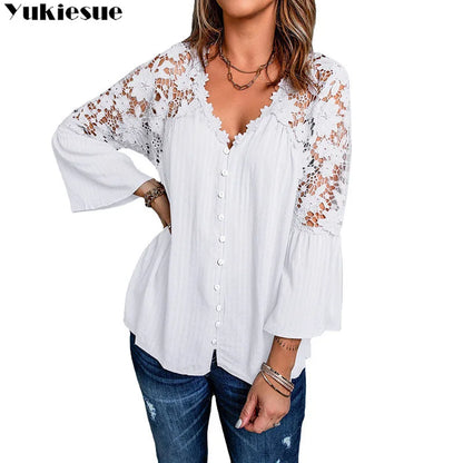 jinran Elegant  summer Top female lace blouse women shirts white Women's shirts and Blouses tops Long sleeve hollow out lwoman blouse