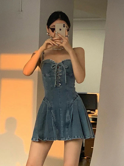 jinran Women Denim Dress Hip Package Elastic Drawstring Lace Up Spaghetti Starp Mini Bodycon A-line Vestidos Sexy Streetwear Clothes