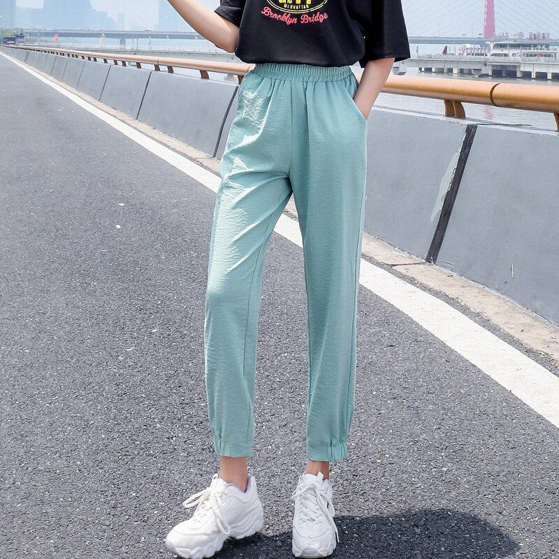 jinran Women'S Spring And Summer Ice Silk Sports  New 9-Point Pants Loose And Thin Female Fashion Leisure Mosquito Proof Trousers