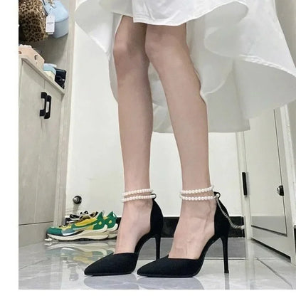 jinran Black High Heels 2024 New Pumps Stiletto Pointed Toe Pearl Anklets High-end Shoes Fashionable Comfortable Women's Shoes