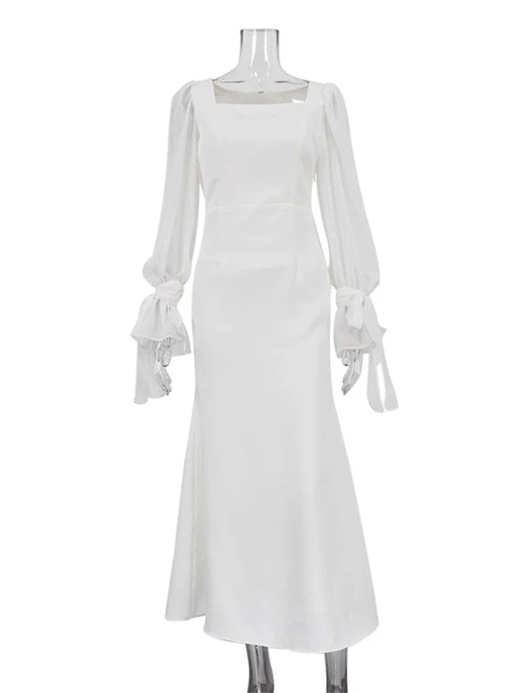 jinran White Ruffled Mesh Maxi Dress For Women High Waist Fashion Elegant Patchwork Slim Party Dress Female Lace-Up Long Dress