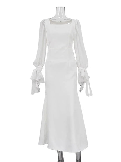jinran White Ruffled Mesh Maxi Dress For Women High Waist Fashion Elegant Patchwork Slim Party Dress Female Lace-Up Long Dress