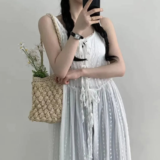 jinran White Dress Women Clothing Vestido Femme O-neck Bandage Tunic Sleeveless Robe Femme Spit Embroidery See Through Summer Dresses