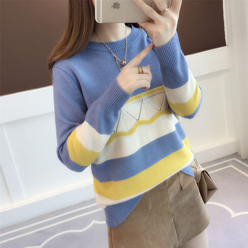 jinran 2022 New Striped Thick O-Neck Women's Clothing Loose Spliced Pullovers Medium Strech Casual Autumn Winter Sweaters Korean Trend