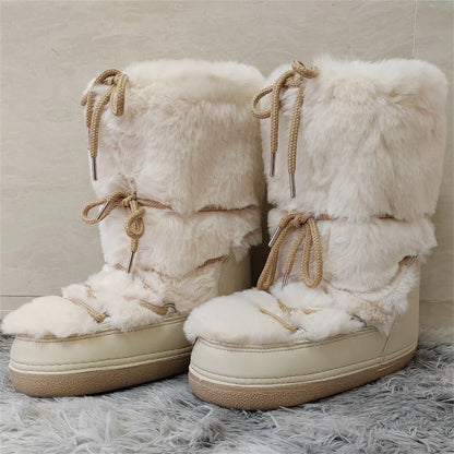 jinran 2024 Winter Snow Boots for Women Rabbit Fur Snow Boots Platform Lace-up Fluffy Furry Fur Ski Boots Female Warm Cotton Boots