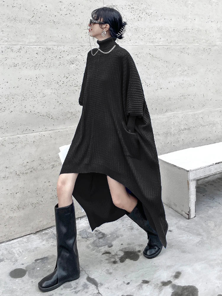 jinran Women Blue Irregular Back Long Big Size Knitting Dress New Turtleneck Long Sleeve Fashion Tide Spring Autumn 2024 1DF9757