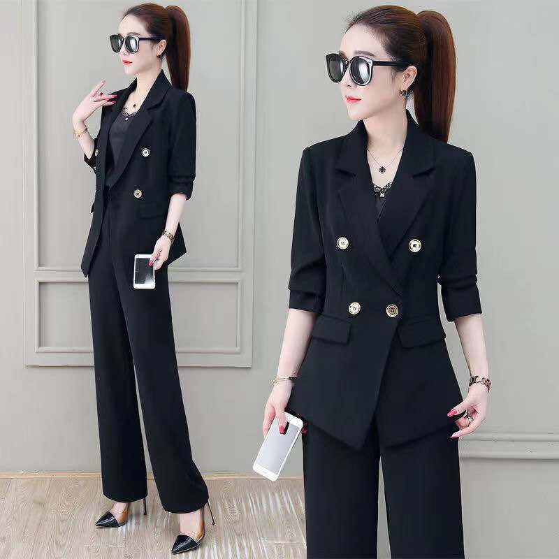 jinran Summer Korean Style Elegant Women's Pants Suit Fashion Slim Jacket Trousers Two-piece Set Office Blazer Temperament Tracksuit