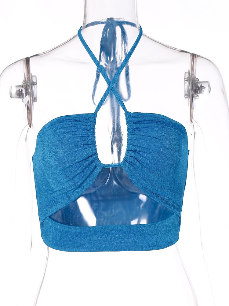 jinran Blue Halter Crop Tops Sleeveless Backless Hollow Out Bandage Tee Top Sexy Skinny Summer New Beach Casual Clothes Y2K