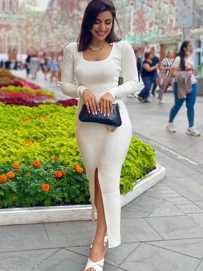 jinran White Scoop Neck Knit Dress Female Basic High Split Autumn Solid Elegant Ribbed Party Dress Patchwork Long Sleeve Dress
