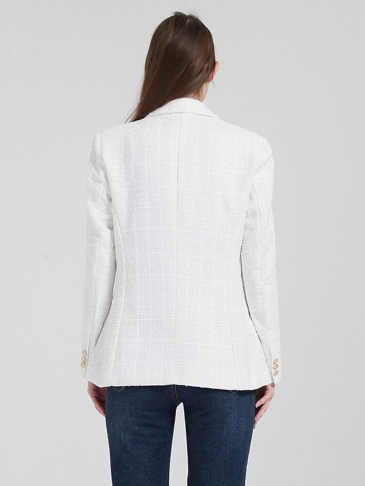 jinran Women Solid Tweed Double Breasted Blazer Coat Long Sleeve Pockets Outerwear Female Spring New Tops CD8395