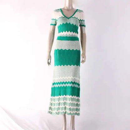 jinran Women Contrast Knitted Slim Maxi Dress Fashion Round Neck Short Sleeve Dresses 2024 Autumn Elegant Lady Vacation Street Vestido