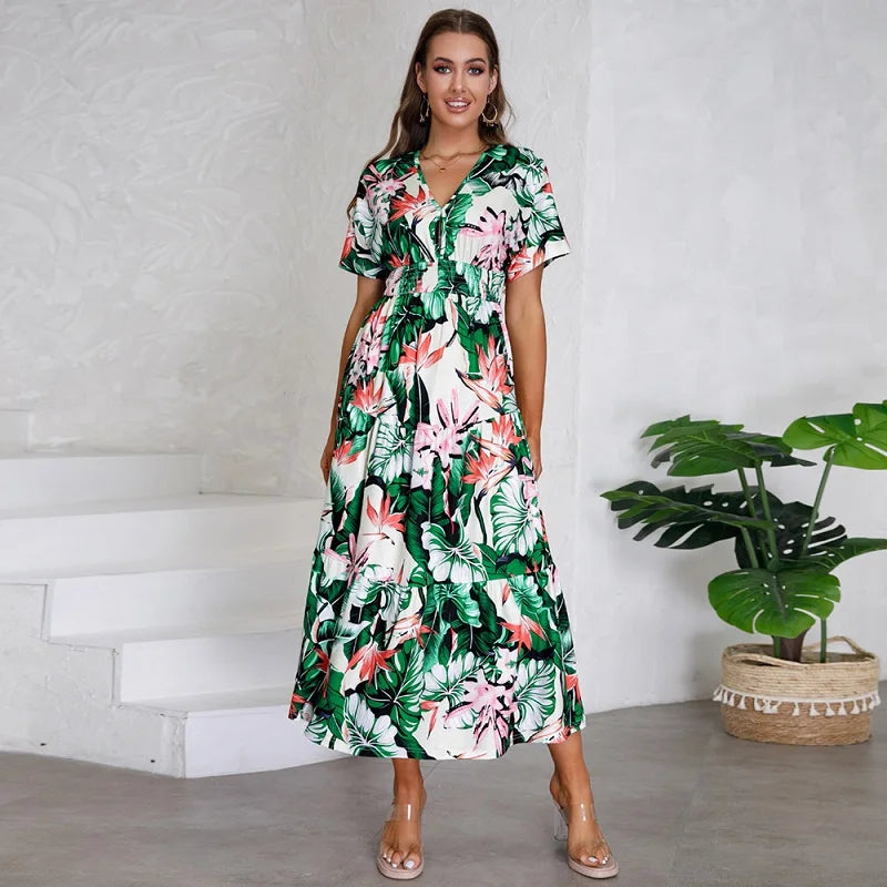 jinran Women Autumn Outfits Short Sleeve Sexy V-Neck Slim Bohemian Print Dress Popular Printed Summer Dress Women