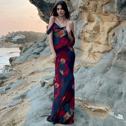 jinran Women Sexy Boho Floral Holiday Long Maxi Dress Summer Evening Party Mesh Sundress Vacation Spaghetti Strap A-line Dresses Robes