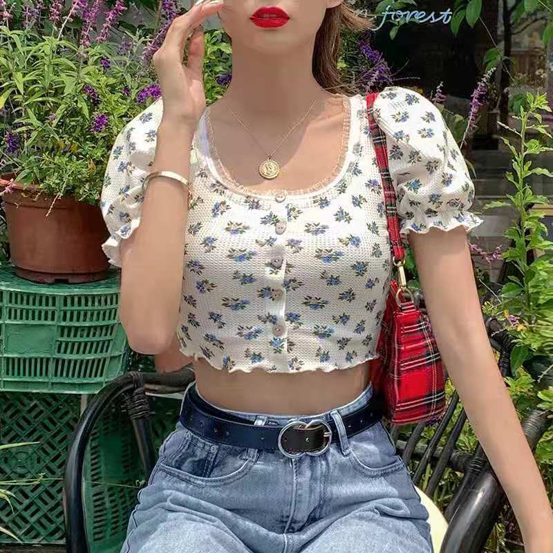 jinran Elegant French Style Summer Women Puff Sleeve Floral T shirts Casual Lace Patchwork Slim Cropped Tops Streetwear Harajuku Tee