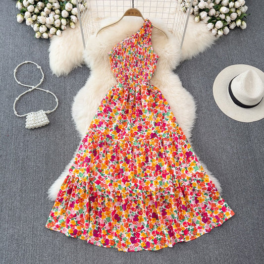 jinran Women Summer Bohemian Floral printed Sexy Long Print Long Dress Design Beach Holiday Elastic Waist sloping shoulders Sundress