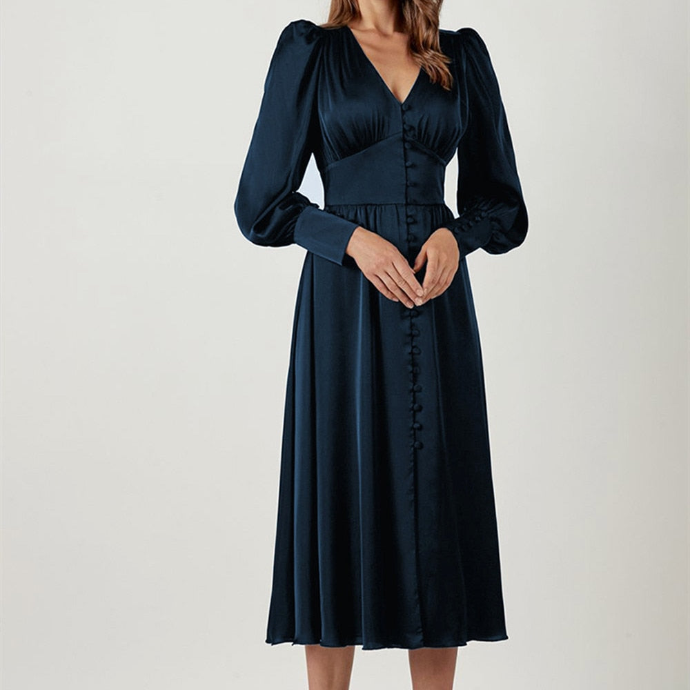 jinran Women Autumn Puff Sleeve Elegant Dress Long Sleeve V Neck Slim Waist Long Dress Korean Fashion Vintage Dresses Female