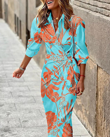 jinran New Spring Summer One Piece Printed Dress Long Sleeve Temperament Shirt Long Skirt Holiday Party Dress for Women Robe Dresses