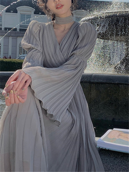 jinran Long Dress Women Elegant Spring Folds Fashion Evening Party Lady Vestido Vintage Summer French Loose Dresses Female Clothing