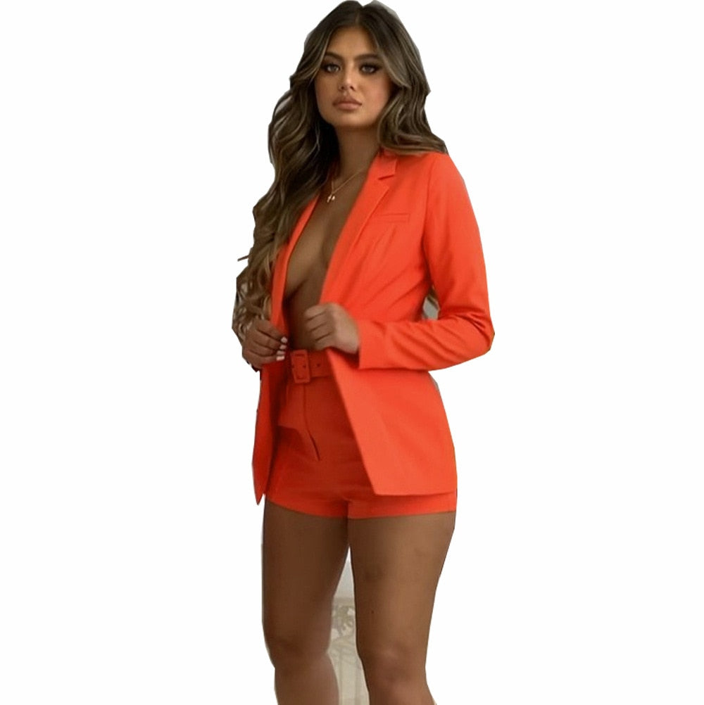 jinran New Spring and Summer Suit Jacket Shorts Sexy Temperament Women's Fashion Casual Lapel Cardigan Fashion Belt Women's Wear  Set