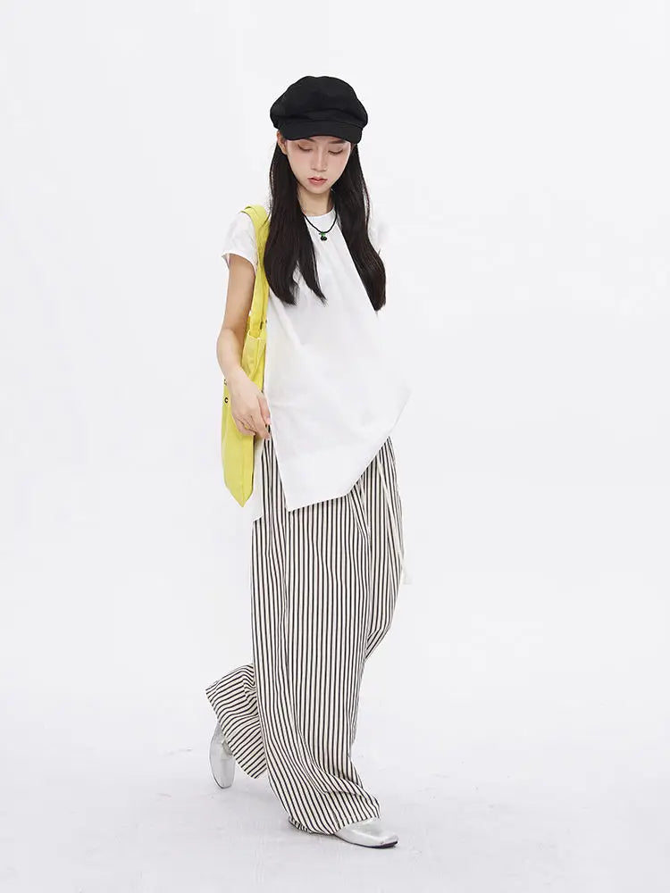 jinran  Casual Striped Wide Leg Pants Women Korean Fashion Summer Trousers Female Vintage Streetwear White Black Classic Pants