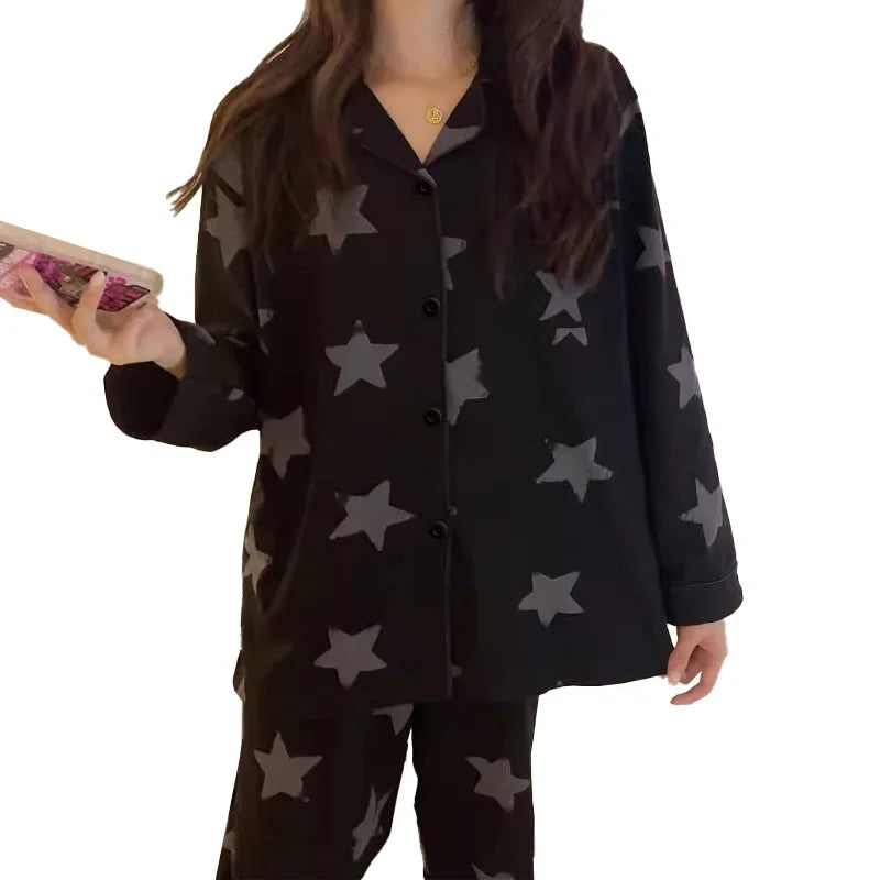 jinran Korean Pajamas Women's Spring and Summer New Long-sleeved Black Star Full Print Loungewear Set Pijamas Women Lingerie Sleepwear