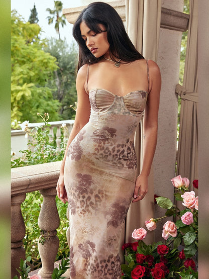 jinran Summer Spaghetti Strap Leopard Printing Dress Elegant Vintage Bodycon Mesh Birthday Wedding Guest Party Dress long