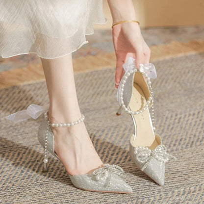 jinran Women High Heeled Sandals Summer Fashion Bow Pearl Woman Pointed Toe Pumps Elegant Woman Sandals Party Lady Shoes