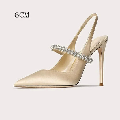 jinran Size 34 45 Women's Diamond Bao Head Sandals New Thin Heel Pointed Sheepskin Leather High Heels Women's Wedding Shoes