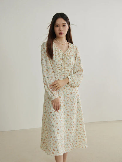 jinran Spring New Women Floral Chiffon Long Dress Lace-up V-Neck Design Female Long Sleeve Print A-LINE Dresses