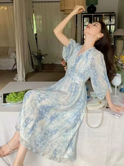 jinran Summer Women's Runway Dresses V Neck Half Sleeves Printed Sweet Fashion A-line Blue Vestidos Clothes For Women Beach Vacation