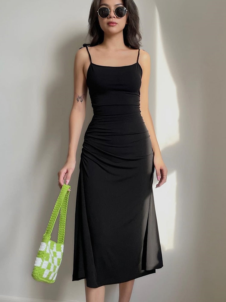 jinran Fashion Strappy Ruched Sexy Black Dress Irregular Elegant Backless Long Dress Party Summer Dresses Women Clothes