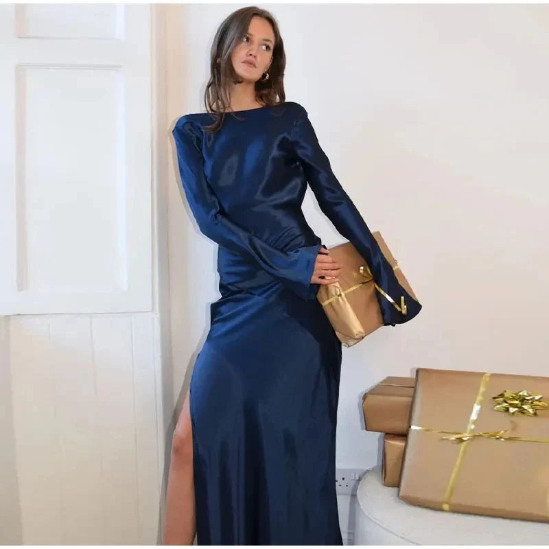 jinran Woman Flare Long Sleeve Sexy Backless Strapless Satin High Split Autumn SolidDresses Ladies Elegant Slim Party Long Dress